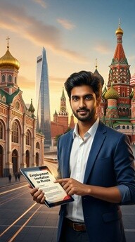 A young Indian man in Moscow holding an employment invitation to Russia
